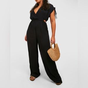 Plus size gathered sleeve wide leg jumpsuit